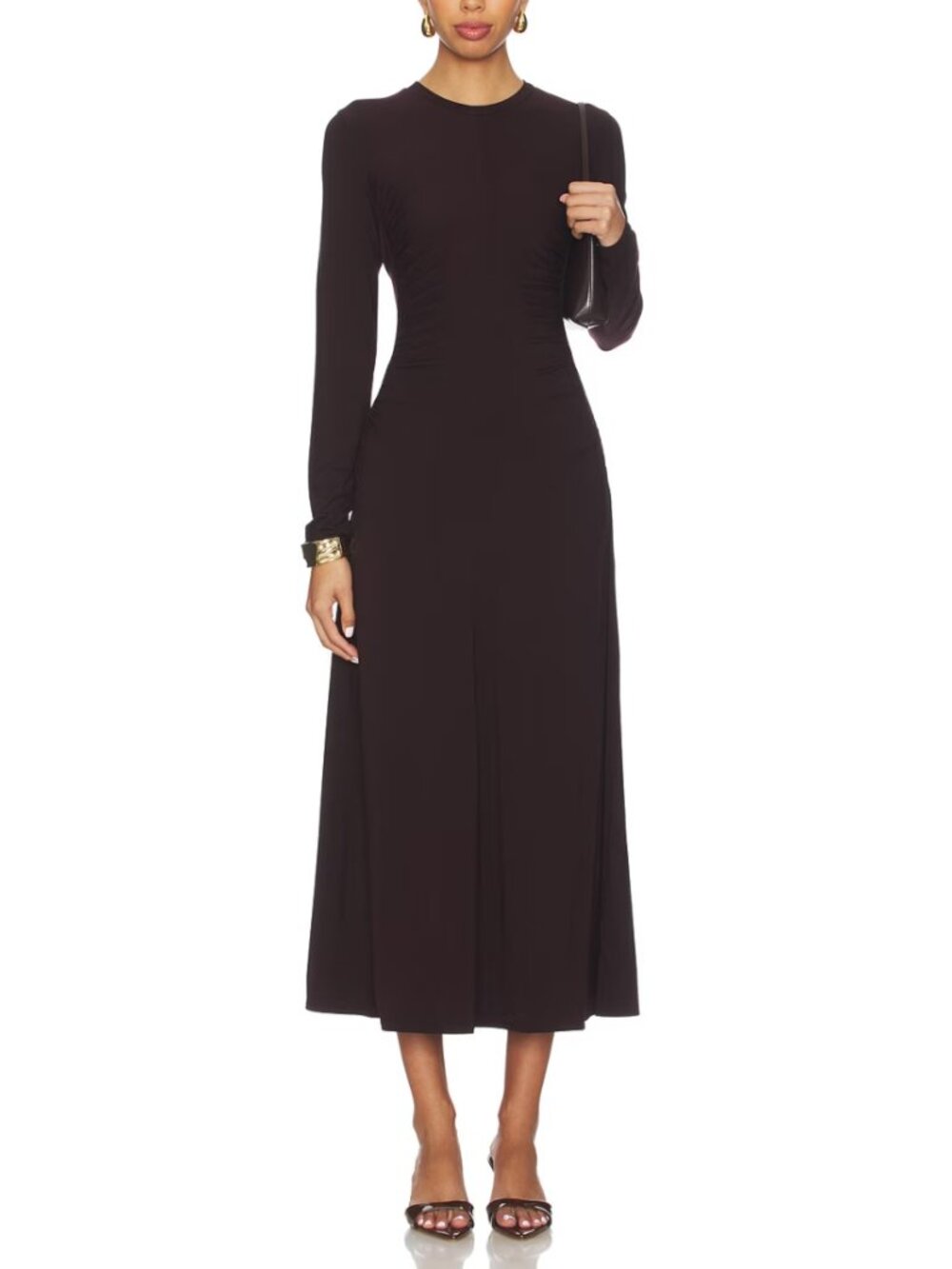 Vince Curved Seam Ruched Dress Darke Fig Brown Long Sleeve Fit & Flre Midi M